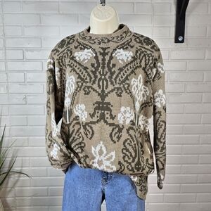 Vintage 80s Nuggets Brown and Cream Floral Motif Jacquard Sweater Large